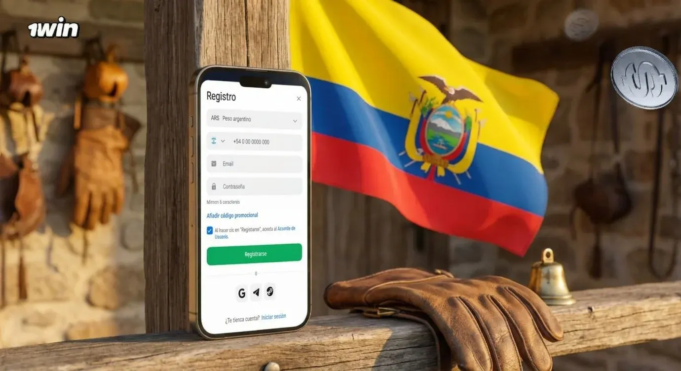 Celular con el formulario de registro de 1win sobre una cerca de madera, junto a la bandera de Ecuador